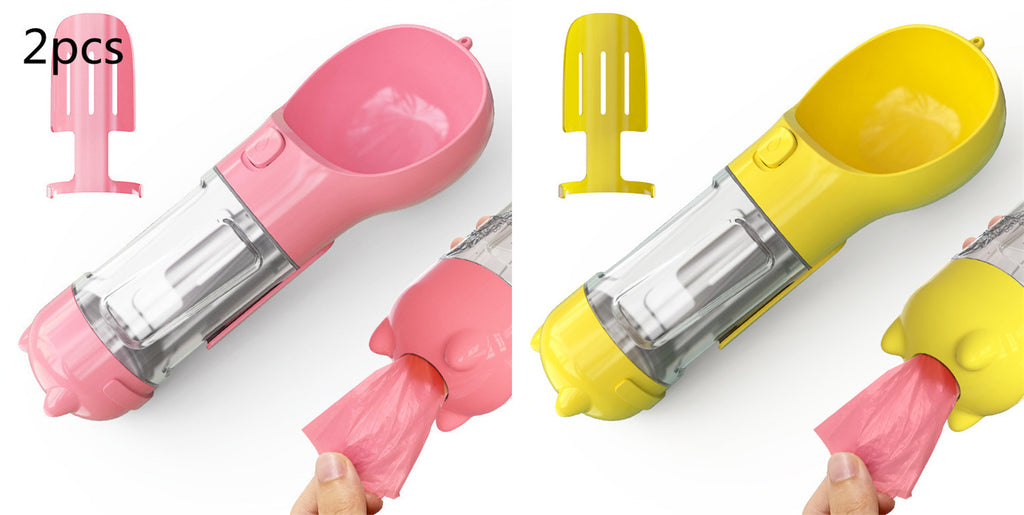 3-in-1 Portable Pet Water Bottle - Travel Feeder with Waste Bag Storage
