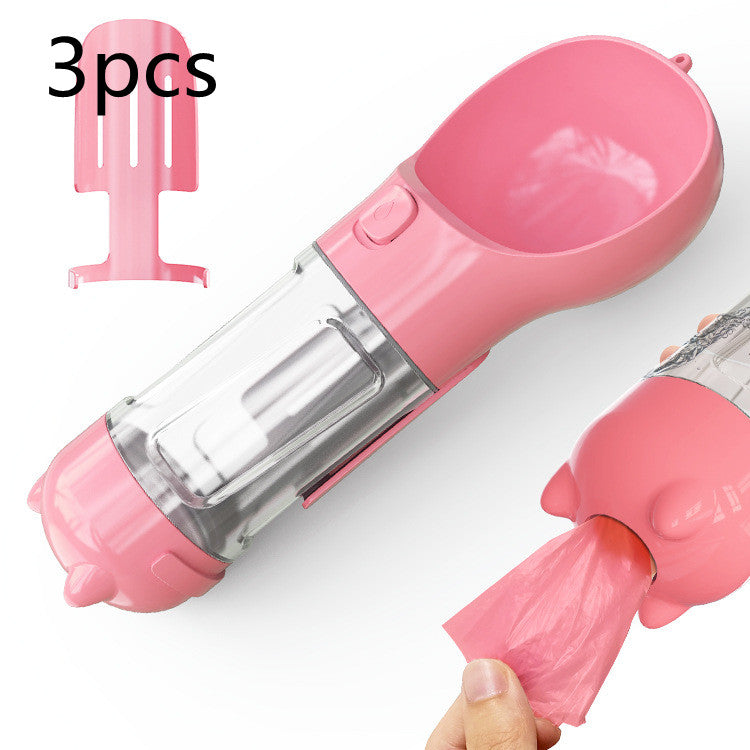 3-in-1 Portable Pet Water Bottle - Travel Feeder with Waste Bag Storage