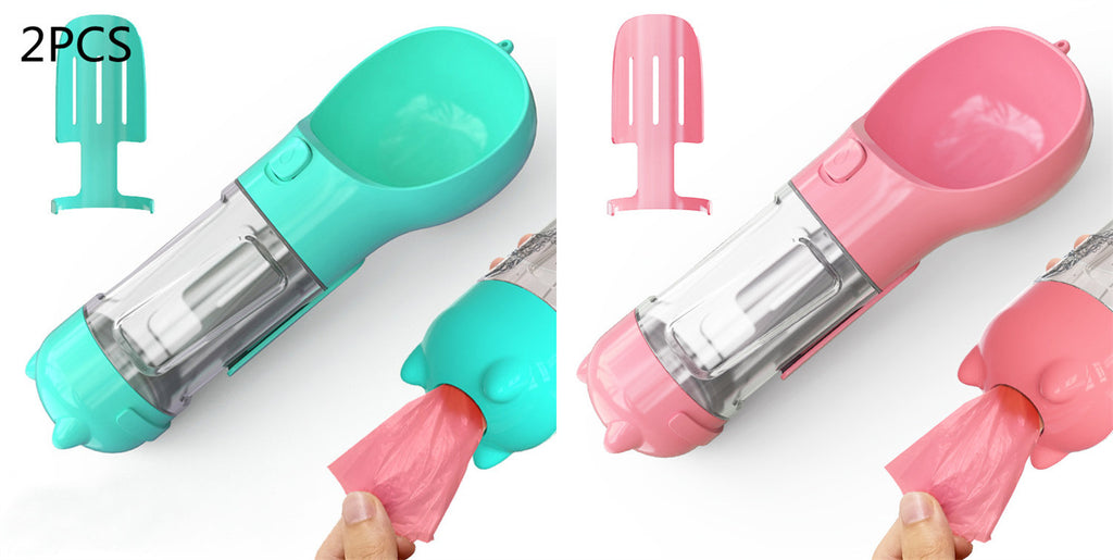 3-in-1 Portable Pet Water Bottle - Travel Feeder with Waste Bag Storage