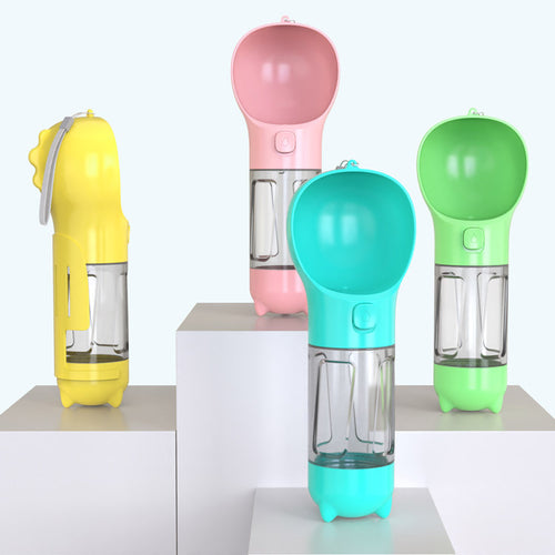 3-in-1 Portable Pet Water Bottle - Travel Feeder with Waste Bag Storage