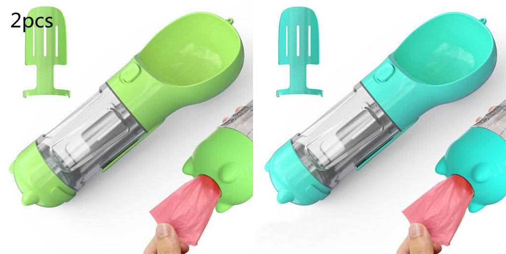 3-in-1 Portable Pet Water Bottle - Travel Feeder with Waste Bag Storage