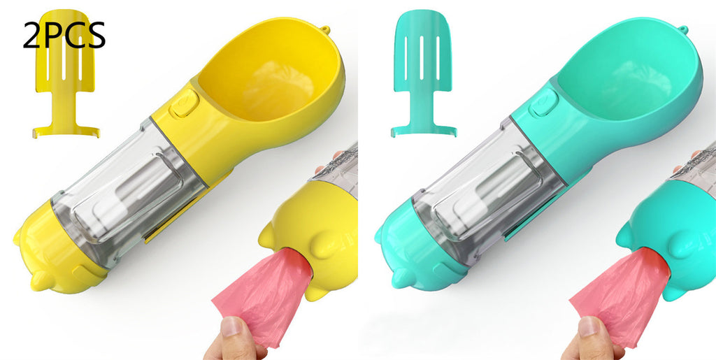 3-in-1 Portable Pet Water Bottle - Travel Feeder with Waste Bag Storage