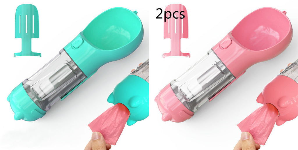 3-in-1 Portable Pet Water Bottle - Travel Feeder with Waste Bag Storage