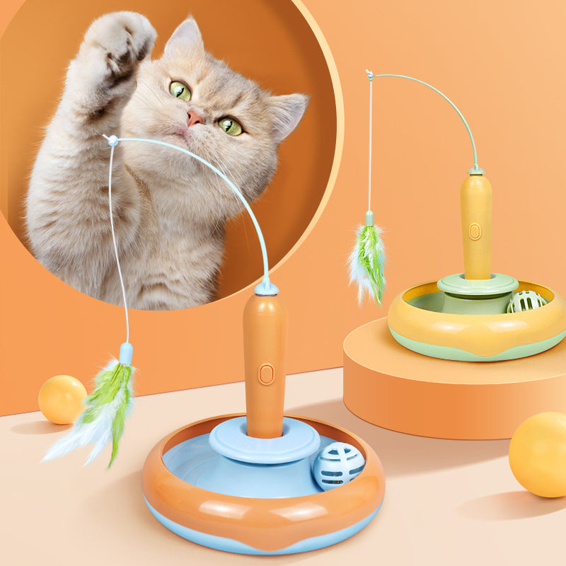 2-in-1 Cat Turntable Toy with Feather - Interactive Self-Play Track