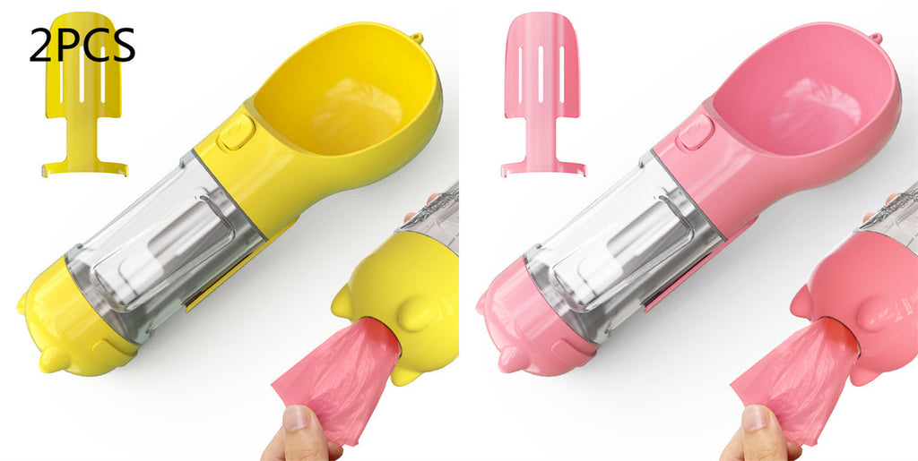 3-in-1 Portable Pet Water Bottle - Travel Feeder with Waste Bag Storage