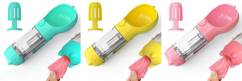 3-in-1 Portable Pet Water Bottle - Travel Feeder with Waste Bag Storage