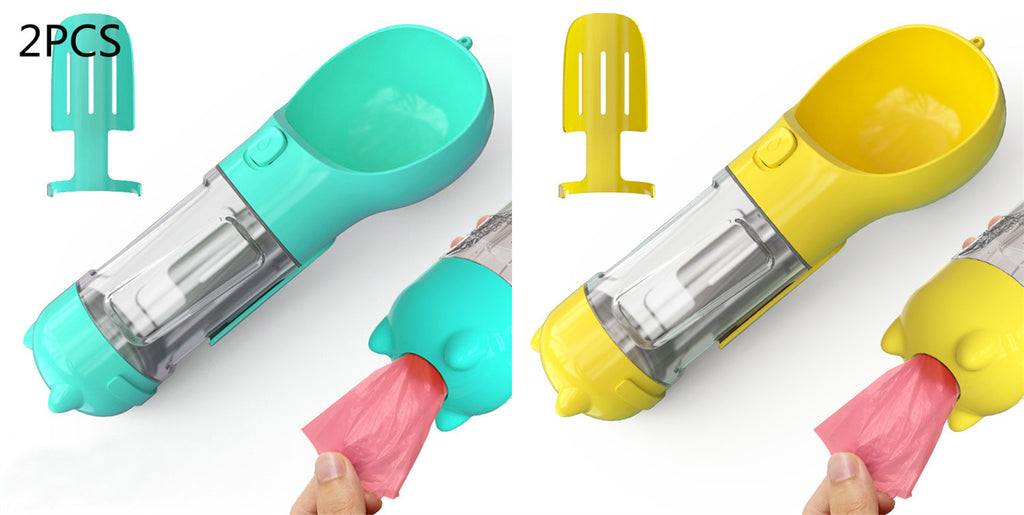 3-in-1 Portable Pet Water Bottle - Travel Feeder with Waste Bag Storage